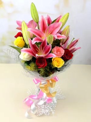 3 Vibrant Lily & Rose Bouquet