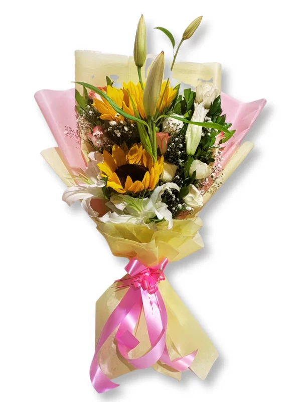 1 Sunshine Sunflower & White Lily Bouquet Elegant Fresh Floral Mix