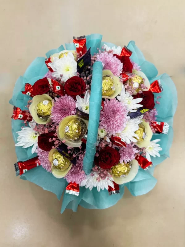 Luxury Floral & Chocolate Basket Hamper Mixed Roses, Chrysanthemums & Ferrero Rocher