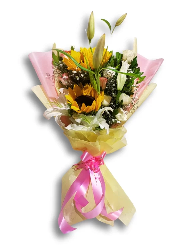2 Sunshine Sunflower & White Lily Bouquet Elegant Fresh Floral Mix