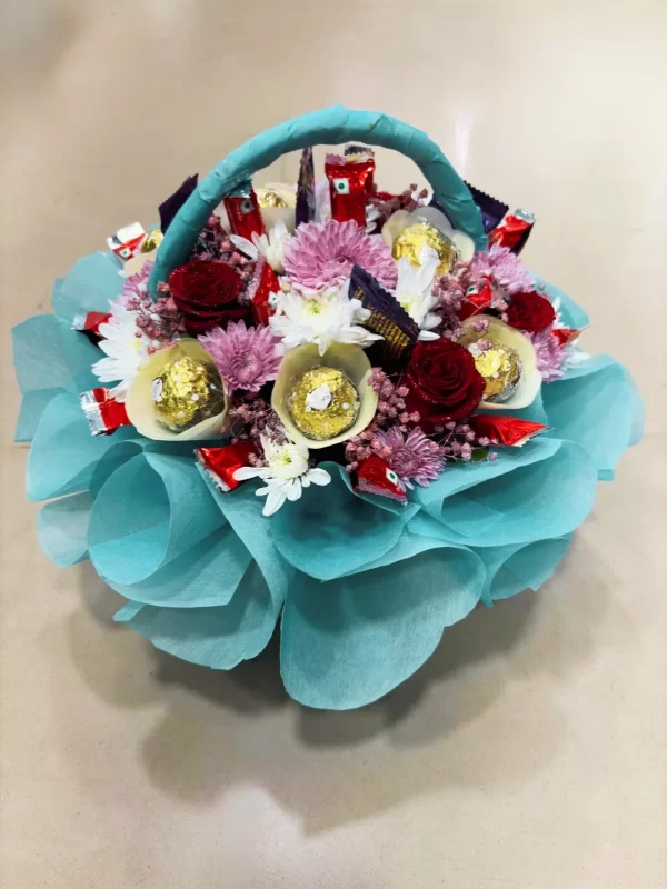 Luxury Floral & Chocolate Basket Hamper Mixed Roses, Chrysanthemums & Ferrero Rocher