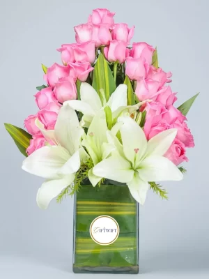 Elegant Pink Roses & White Lilies Vase Arrangement