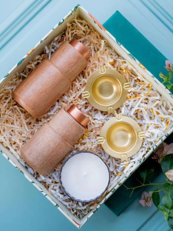 Premium Copper Wellness Gift Hamper – Bottles, Candle & Brass Diyas Set