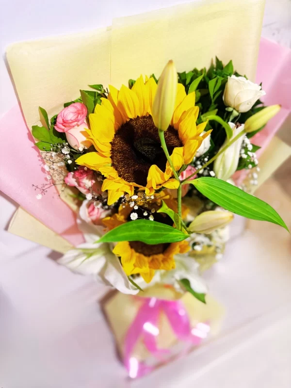 3 Sunshine Sunflower & White Lily Bouquet Elegant Fresh Floral Mix