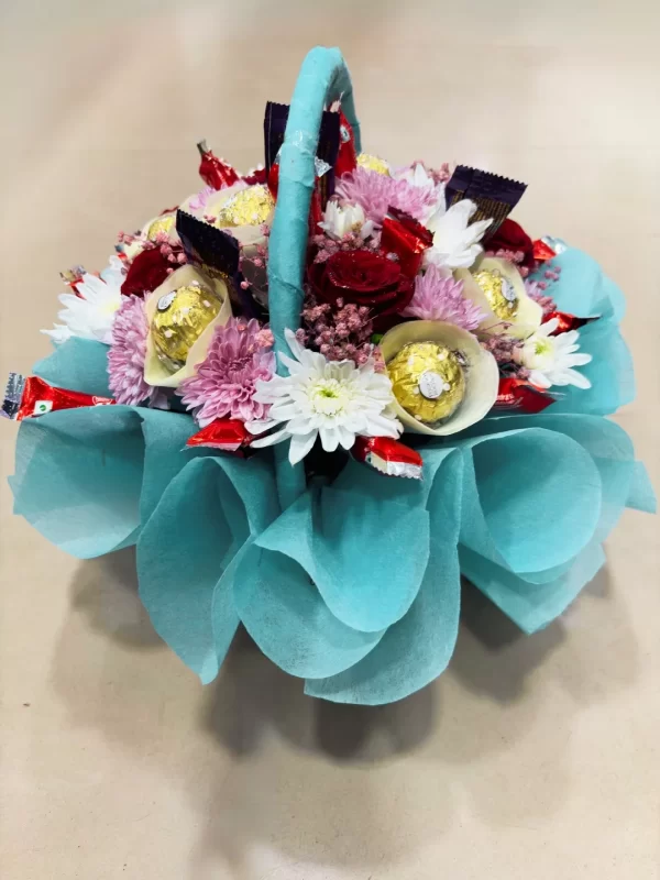 Luxury Floral & Chocolate Basket Hamper Mixed Roses, Chrysanthemums & Ferrero Rocher