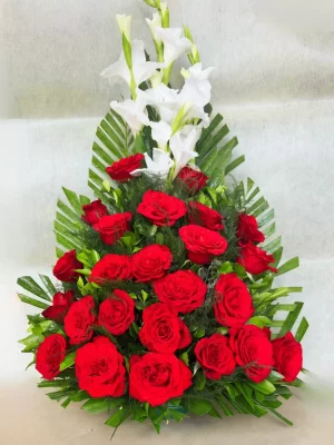 Elegant 25 Red Roses & 3 White Gladiolus Stand Arrangement