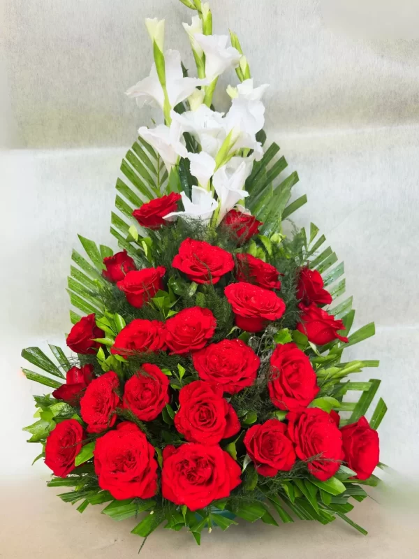 3-691f07cb45403 Elegant 25 Red Roses & 3 White Gladiolus Stand Arrangement