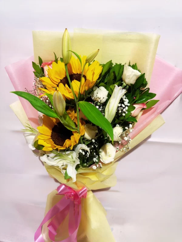 4 Sunshine Sunflower & White Lily Bouquet Elegant Fresh Floral Mix
