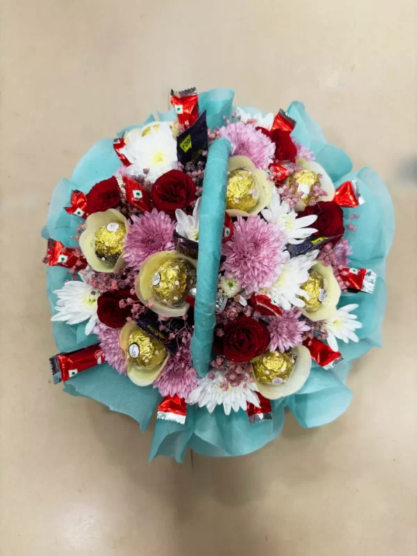 Luxury Floral & Chocolate Basket Hamper Mixed Roses, Chrysanthemums & Ferrero Rocher