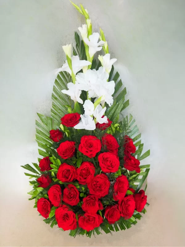 4-691f07cb45598 Elegant 25 Red Roses & 3 White Gladiolus Stand Arrangement