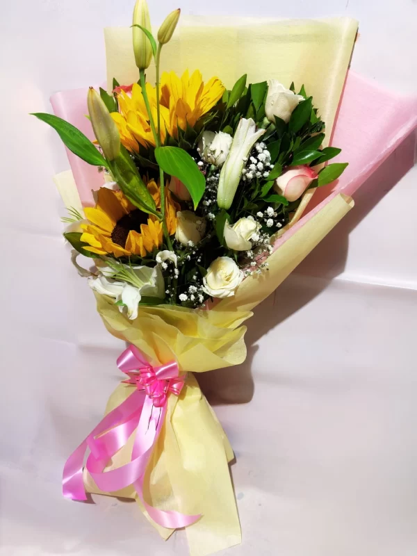 5 Sunshine Sunflower & White Lily Bouquet Elegant Fresh Floral Mix