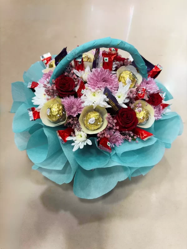 Luxury Floral & Chocolate Basket Hamper Mixed Roses, Chrysanthemums & Ferrero Rocher