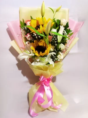 Sunshine Sunflower & White Lily Bouquet Elegant Fresh Floral Mix