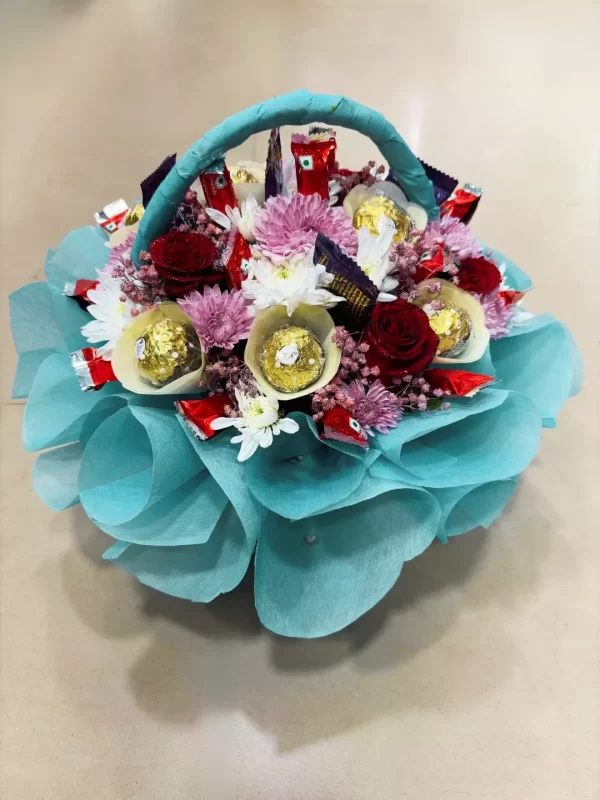 Luxury Floral & Chocolate Basket Hamper Mixed Roses, Chrysanthemums & Ferrero Rocher