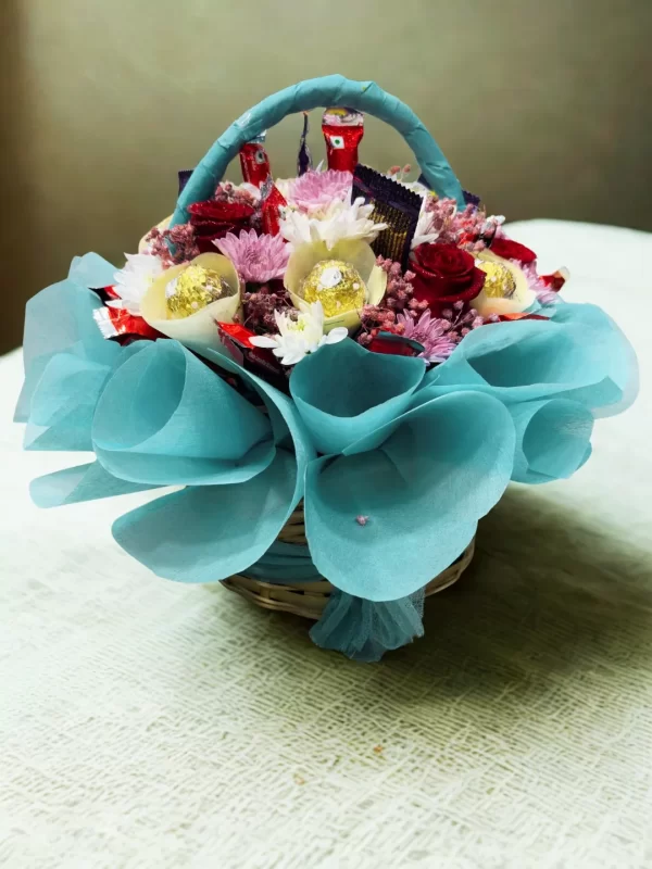 Luxury Floral & Chocolate Basket Hamper Mixed Roses, Chrysanthemums & Ferrero Rocher