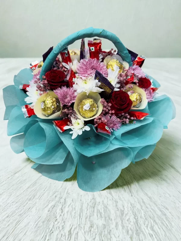 Luxury Floral & Chocolate Basket Hamper Mixed Roses, Chrysanthemums & Ferrero Rocher