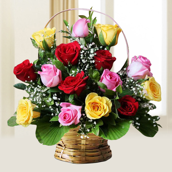 Vibrant Mixed Roses in Woven Basket