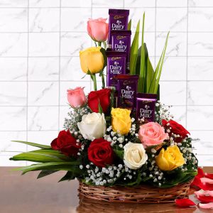 GW-00101 12 Mixed Roses & Dairy Milk Chocolate Basket