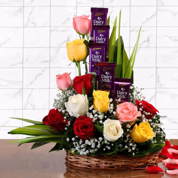 12 Mixed Roses & Dairy Milk Chocolate Basket