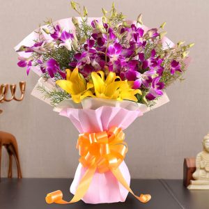 Purple Orchids & Yellow Lilies Bouquet (20 Flowers)
