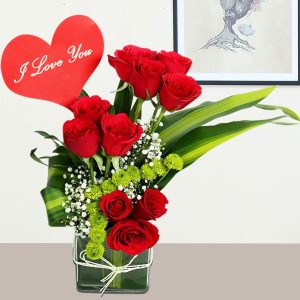GW-00105 12 Red Roses Love Message Glass Vase Arrangement