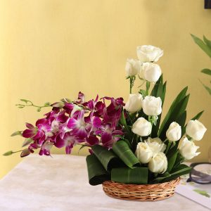 18 White Roses & Purple Orchids Basket Arrangement