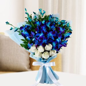 20 Blue Orchids & White Roses Hand Bouquet