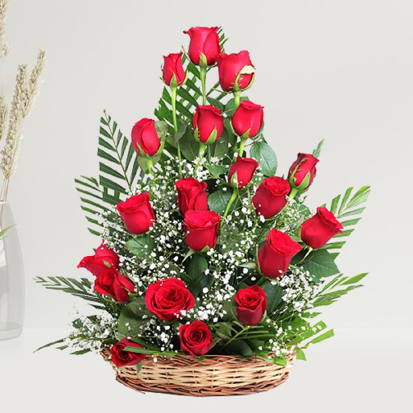 25 Red Roses Basket Arrangement with Greens