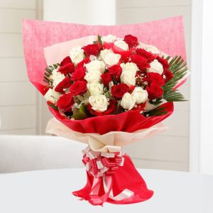 40 Red & White Roses Premium Hand Bouquet