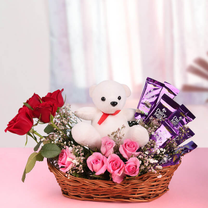 Roses Teddy Basket with Chocolates Gift Combo