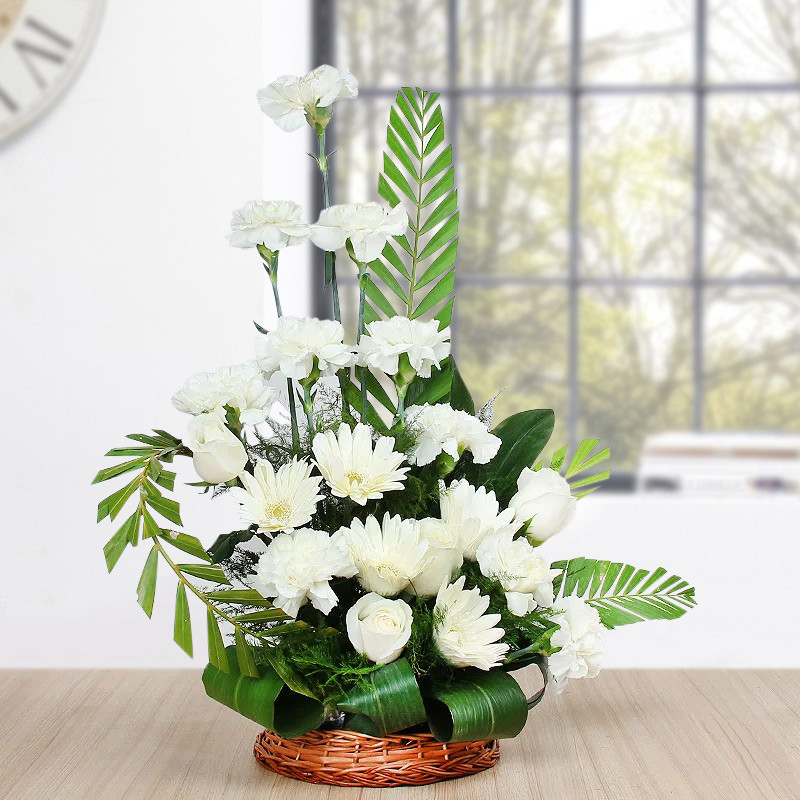 20 White Carnations & Gerberas Basket Arrangement