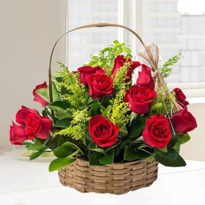 12 Red Roses Fresh Basket Floral Arrangement