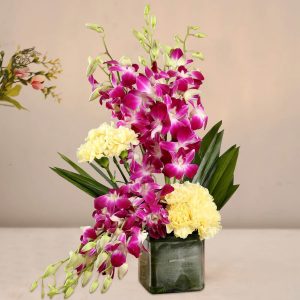 Purple Orchids & Yellow Carnations Fresh Vase Arrangement