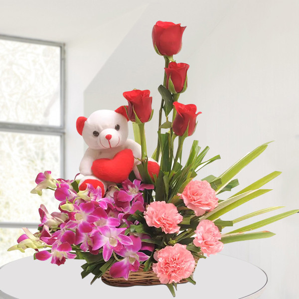 Red Roses, Orchids & Pink Carnations Basket with Teddy