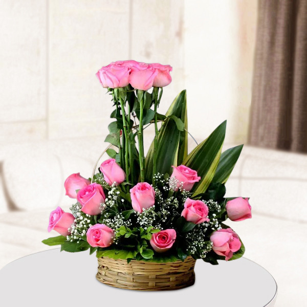 20 Pink Roses Basket Arrangement with Greens