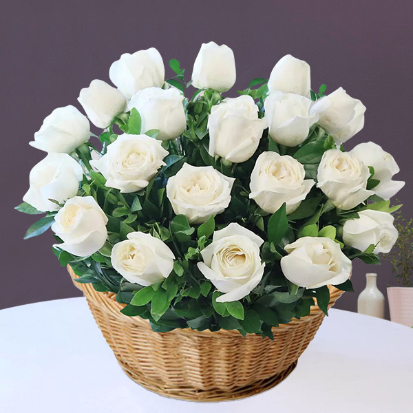 20 White Roses Fresh Basket Floral Arrangement