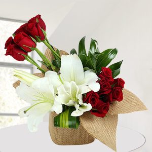 Red Roses & White Lilies Fresh Jute Bouquet