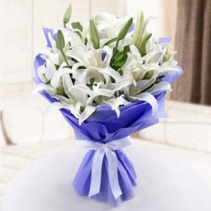 Elegant White Lilies Bouquet Wrapped in Blue Paper