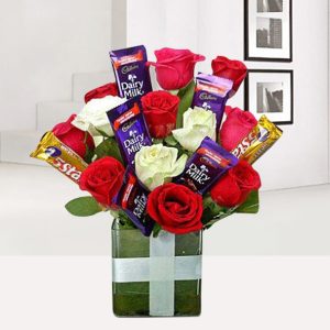 Red & White Roses with Assorted Chocolates Vase Arrangement