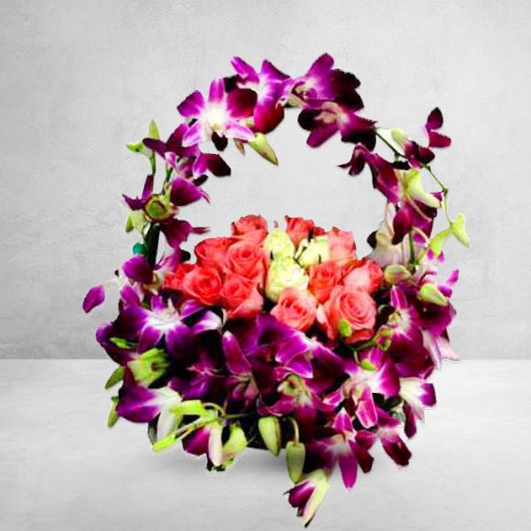 Pink Roses with Purple Orchid Designer Basket