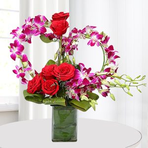 Red Roses with Purple Orchids Heart-Shaped Vase Arrangement