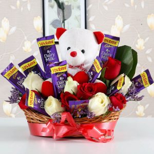 Teddy Basket with Red & White Roses and Chocolates