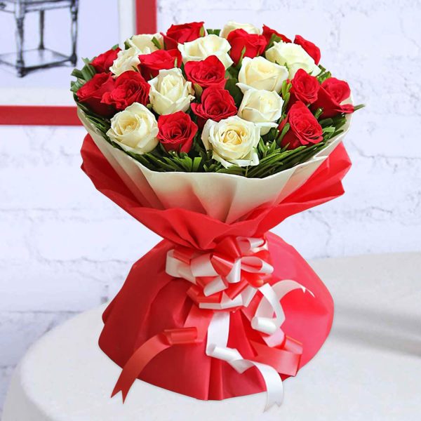 30 Red & White Roses Hand Bouquet Wrapped