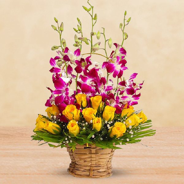 20 Yellow Roses & Purple Orchids Basket Arrangement