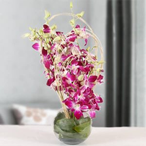 12 Purple Orchids Elegant Glass Vase Arrangement