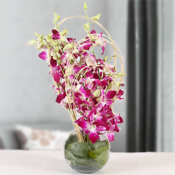 12 Purple Orchids Elegant Glass Vase Arrangement