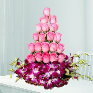 25 Pink Roses & Purple Orchids Tiered Basket