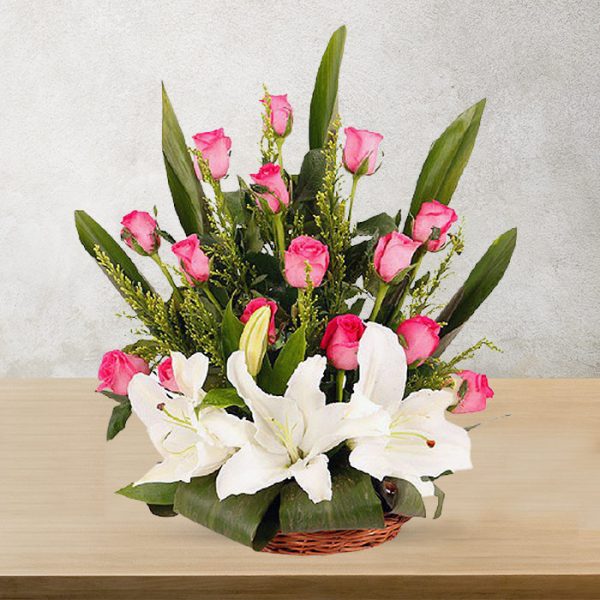 20 Pink Roses & White Lilies Premium Basket