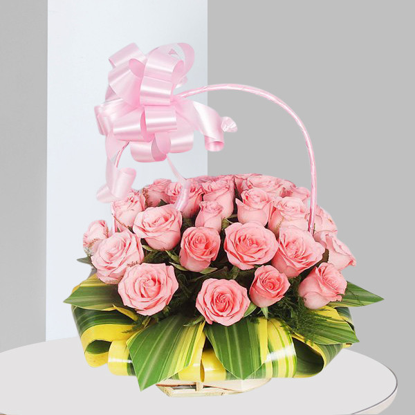 30 Pink Roses Elegant Basket with Ribbon Bow