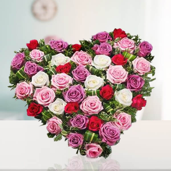 50 Mixed Roses Heart-Shaped Premium Floral Arrangement